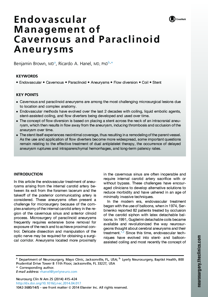 Endovascular Management of Cavernous and Paraclinoid Aneurysms