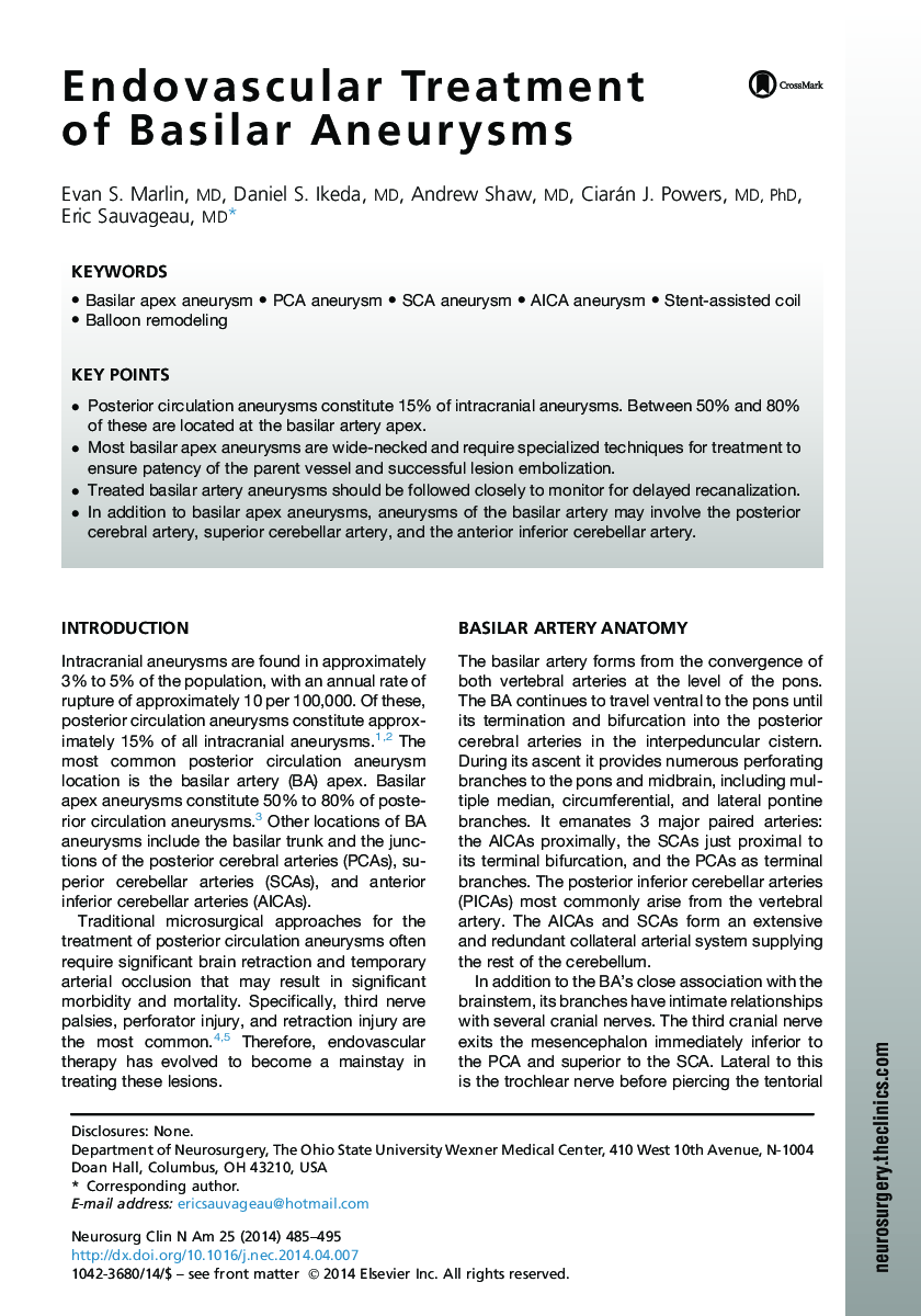 عکس صفحه اول مقاله: Endovascular Treatment of Basilar Aneurysms Endovascular Treatment of Basilar Aneurysms