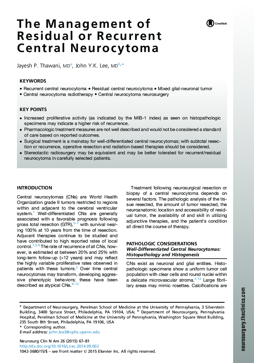 The Management of Residual or Recurrent Central Neurocytoma