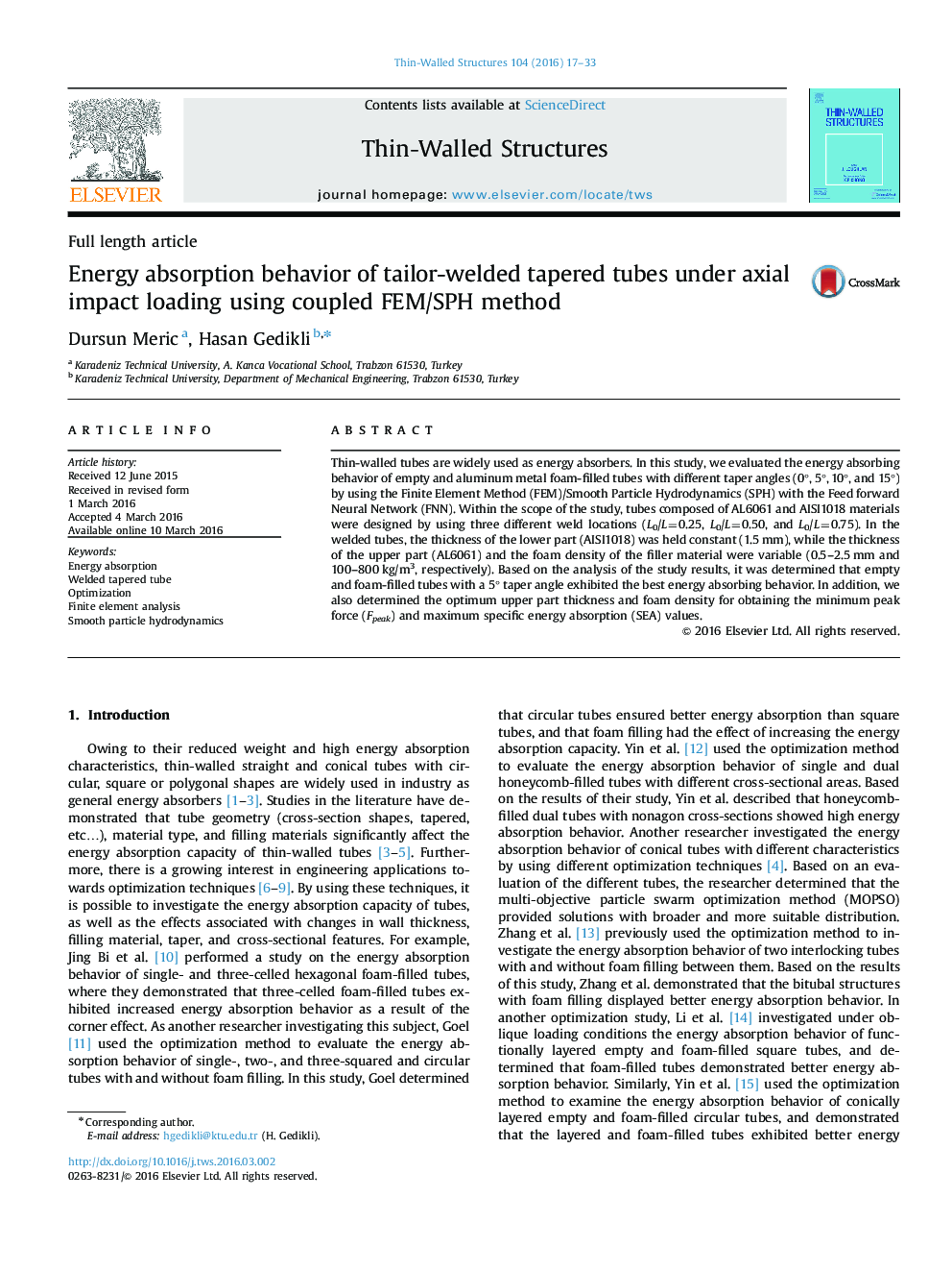 Energy absorption behavior of tailor-welded tapered tubes under axial impact loading using coupled FEM/SPH method