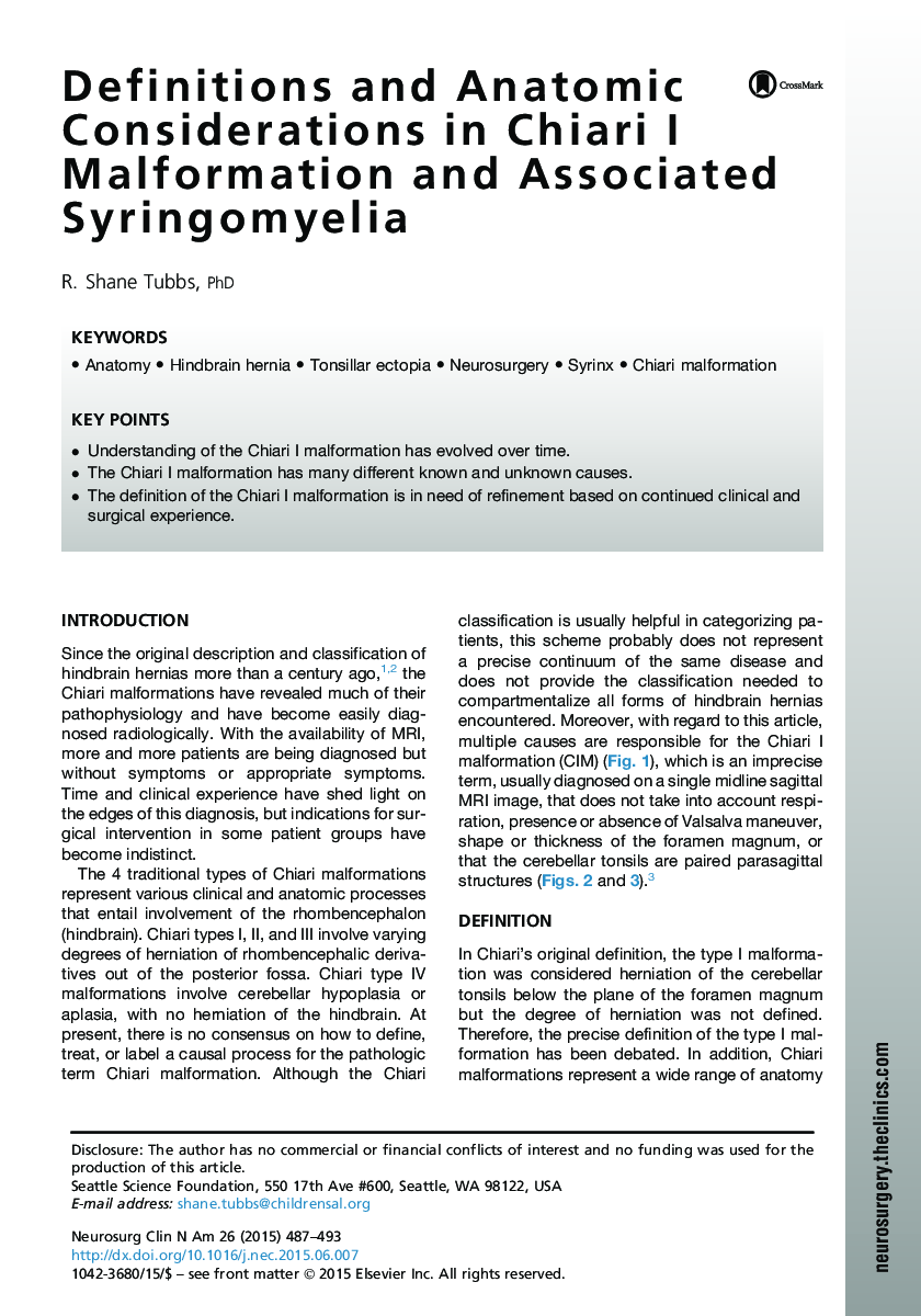 Definitions and Anatomic Considerations in Chiari I Malformation and Associated Syringomyelia