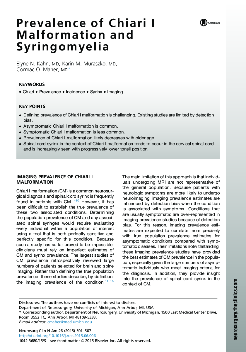 Prevalence of Chiari I Malformation and Syringomyelia