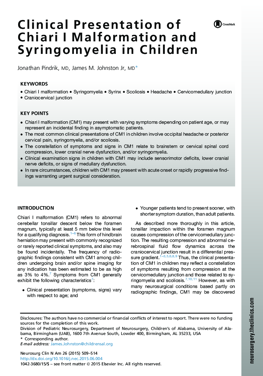 Clinical Presentation of Chiari I Malformation and Syringomyelia in Children