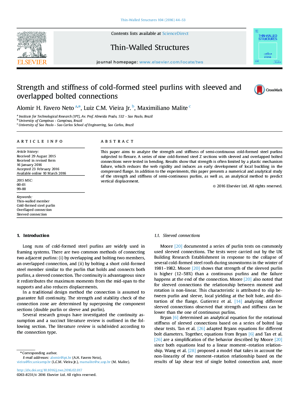 Strength and stiffness of cold-formed steel purlins with sleeved and overlapped bolted connections