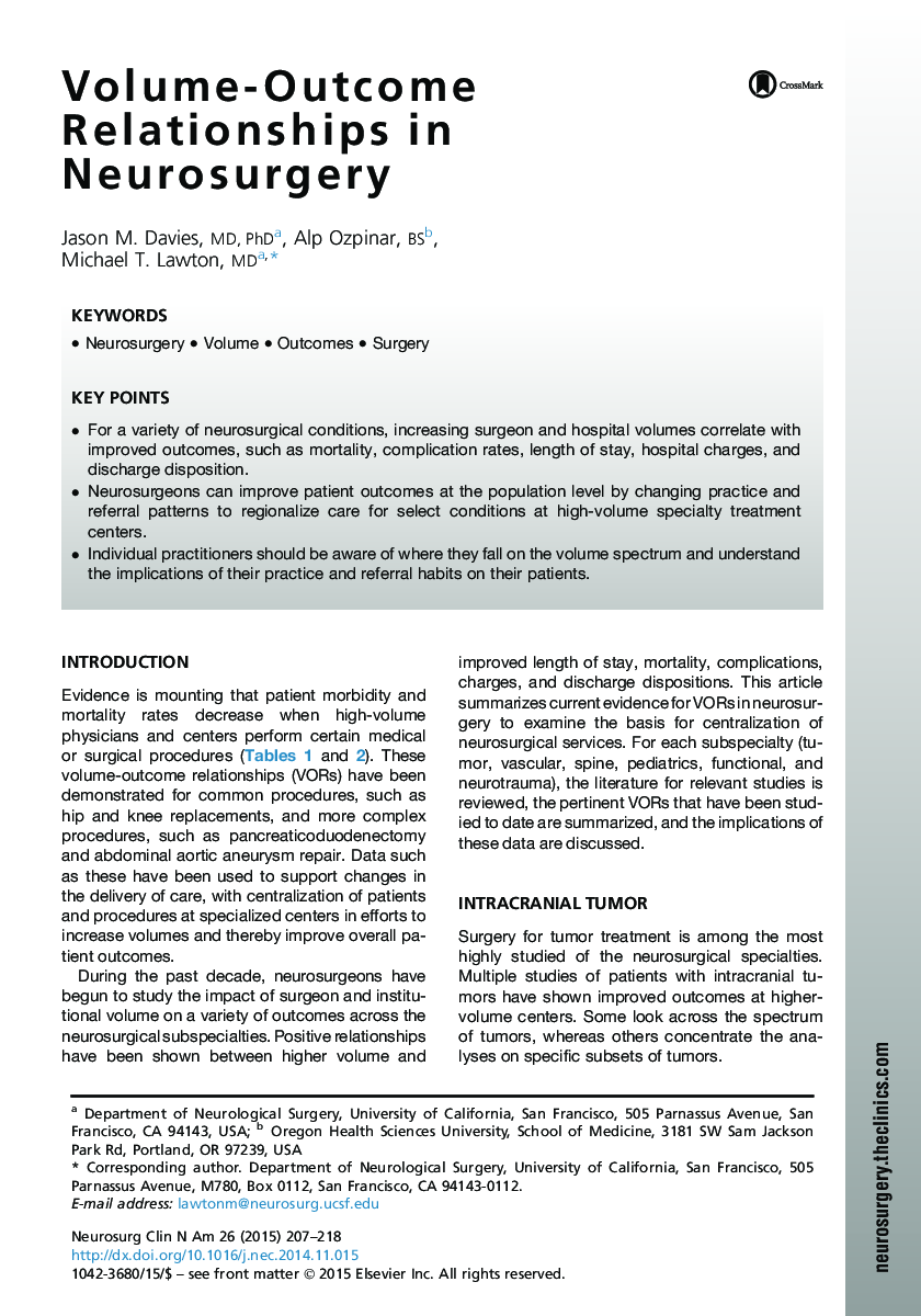 Volume-Outcome Relationships in Neurosurgery