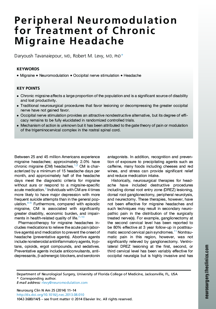 Peripheral Neuromodulation for Treatment of Chronic Migraine Headache