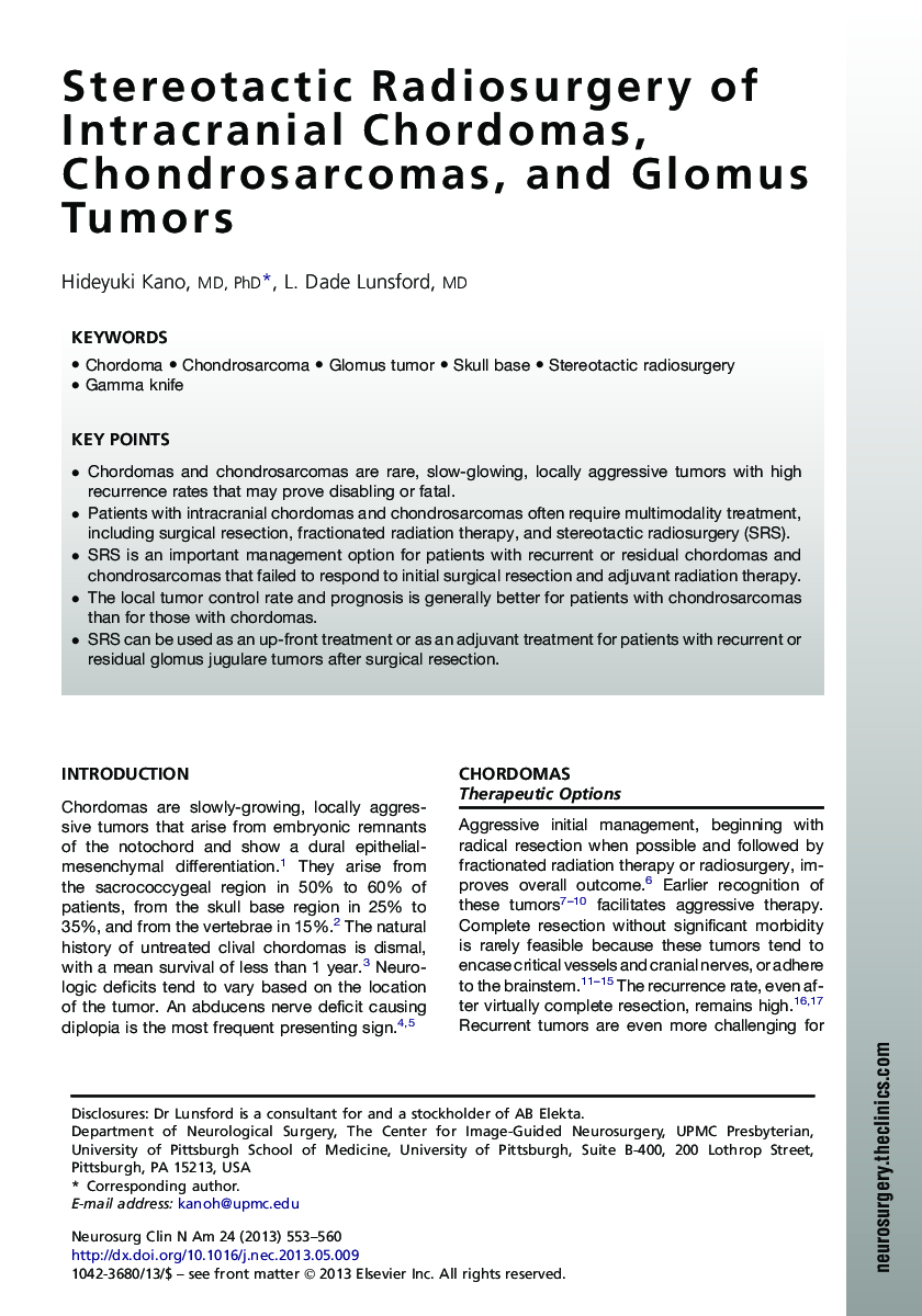 Stereotactic Radiosurgery of Intracranial Chordomas, Chondrosarcomas, and Glomus Tumors