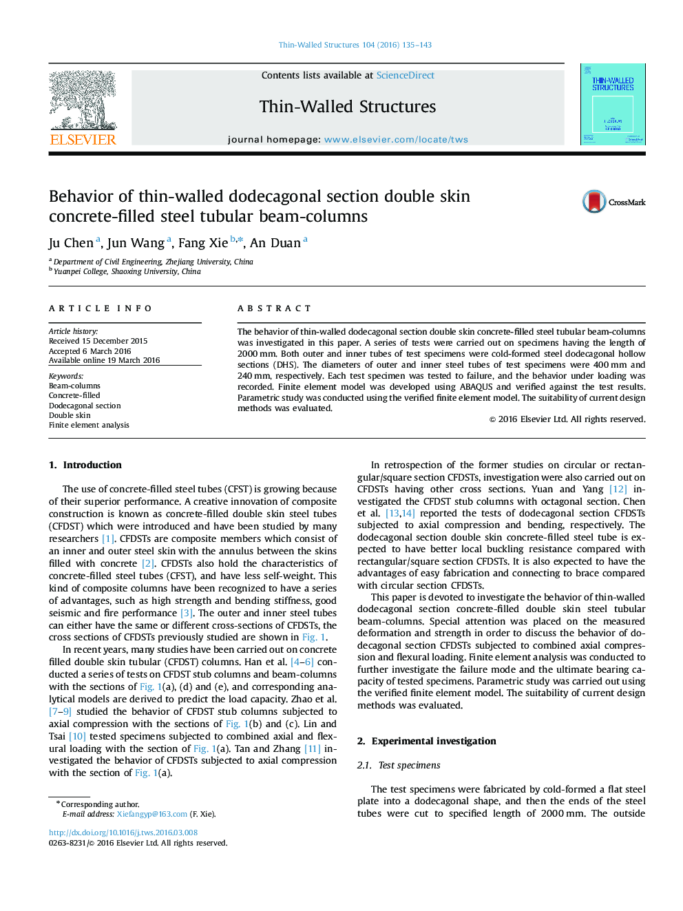 Behavior of thin-walled dodecagonal section double skin concrete-filled steel tubular beam-columns