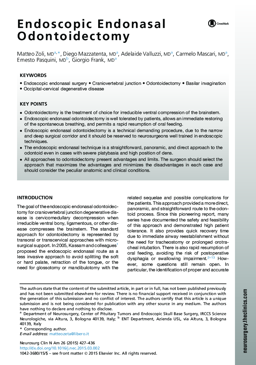 Endoscopic Endonasal Odontoidectomy