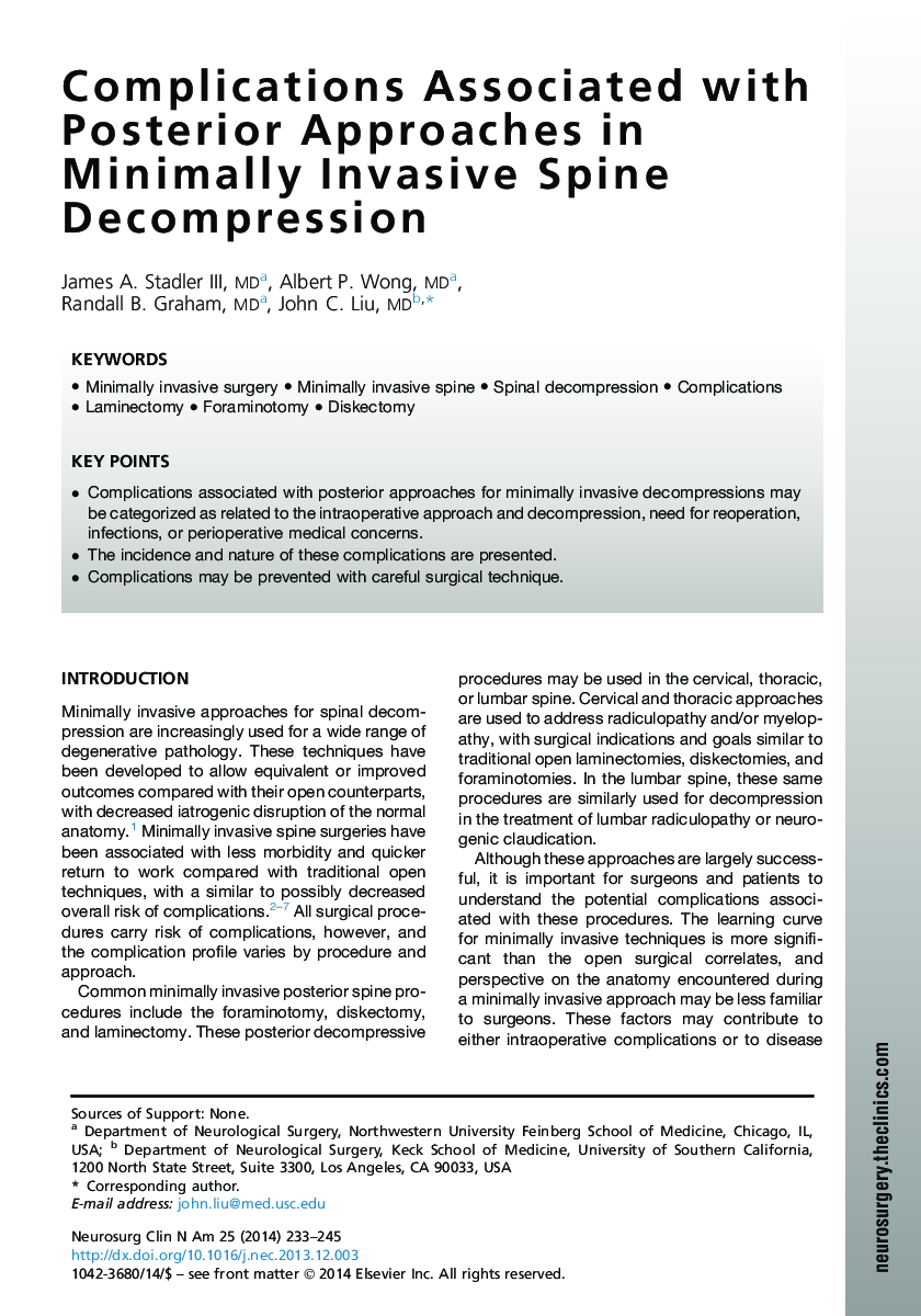 Complications Associated with Posterior Approaches in Minimally Invasive Spine Decompression