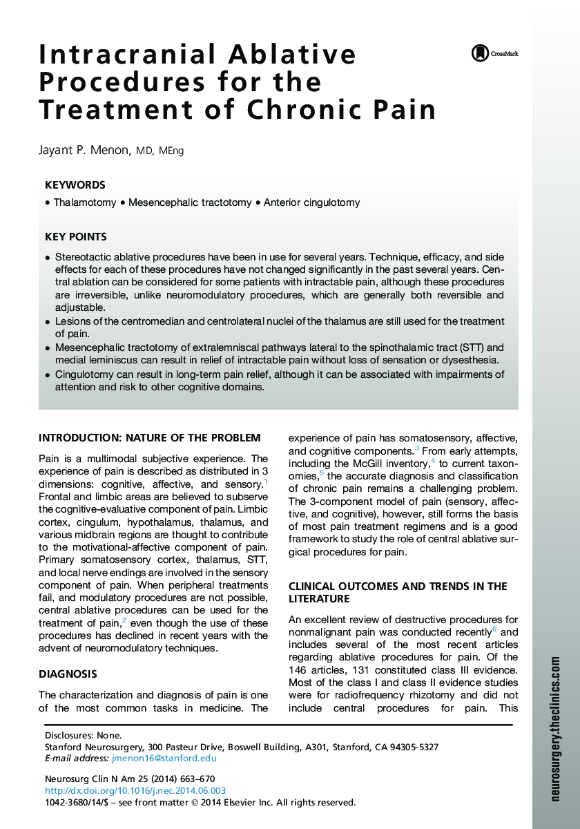 Intracranial Ablative Procedures for the Treatment of Chronic Pain