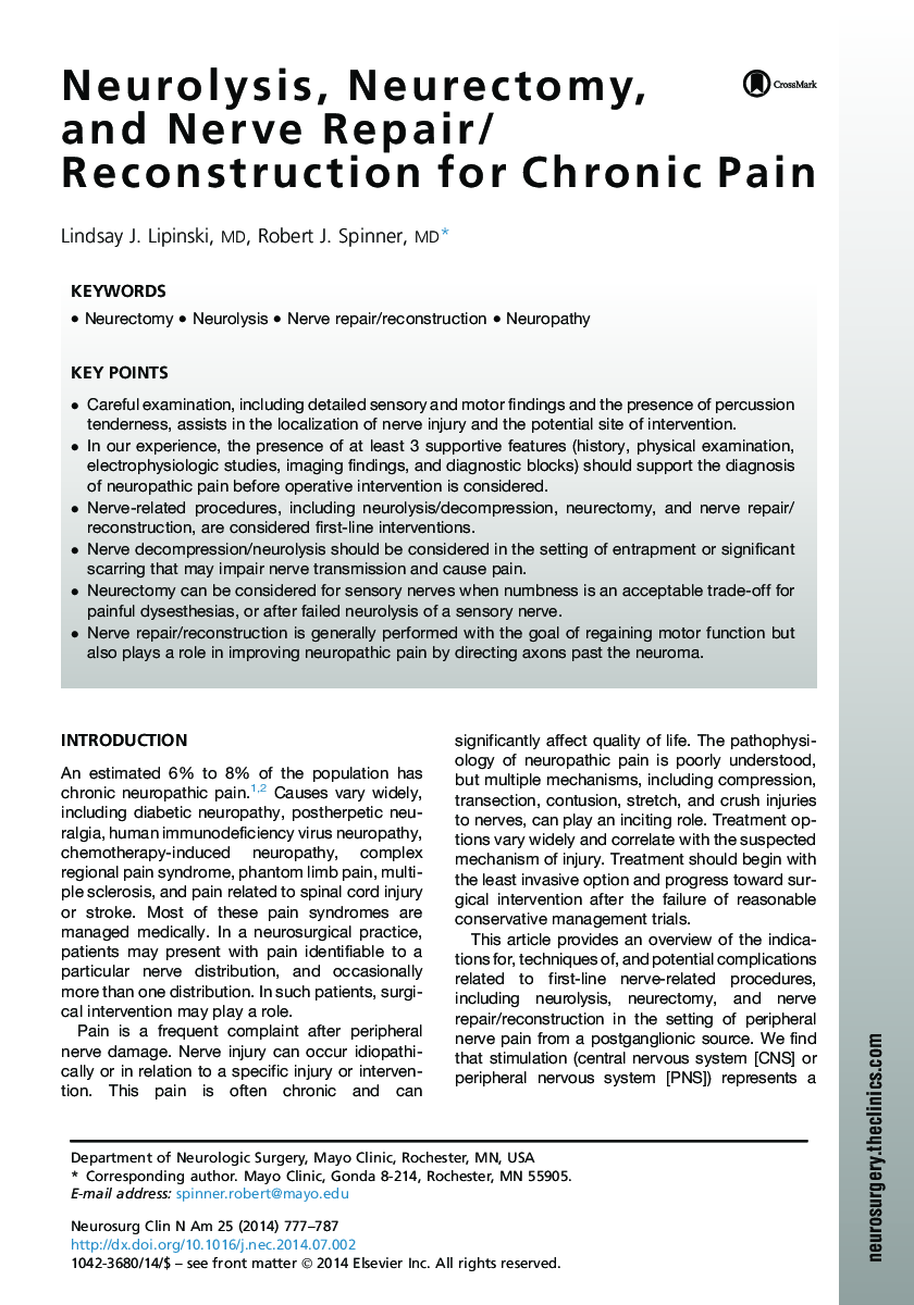 Neurolysis, Neurectomy, and Nerve Repair/Reconstruction for Chronic Pain