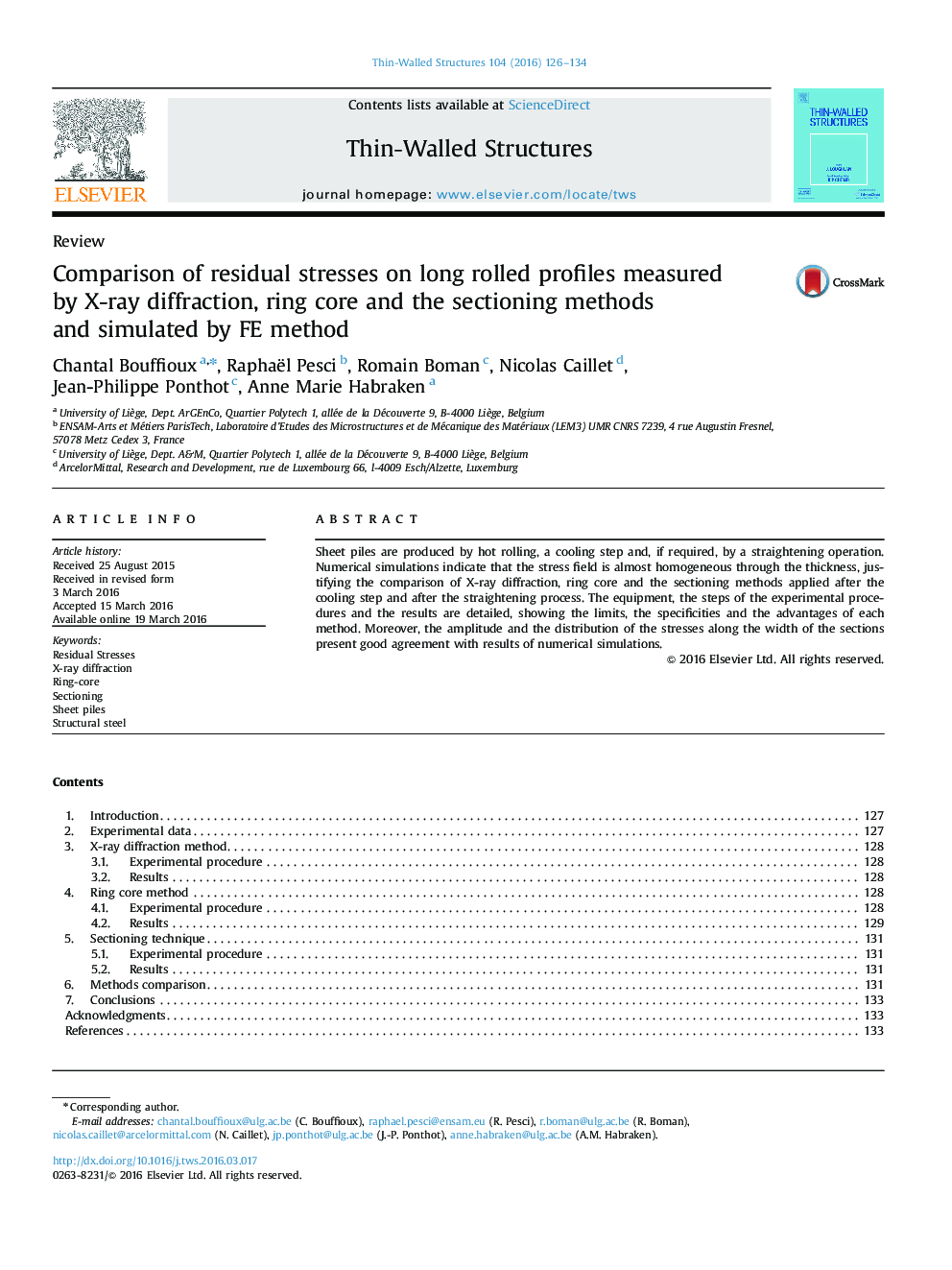 Comparison of residual stresses on long rolled profiles measured by X-ray diffraction, ring core and the sectioning methods and simulated by FE method