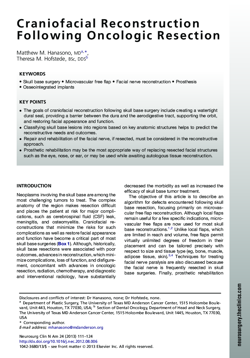 Craniofacial Reconstruction Following Oncologic Resection