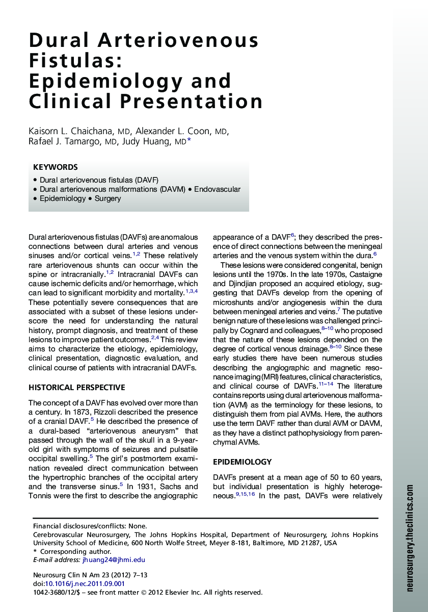 Dural Arteriovenous Fistulas: Epidemiology and Clinical Presentation