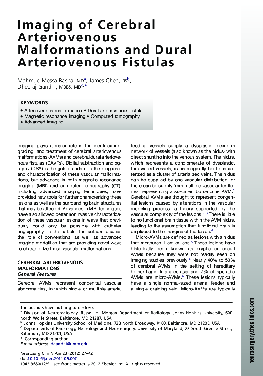 Imaging of Cerebral Arteriovenous Malformations and Dural Arteriovenous Fistulas