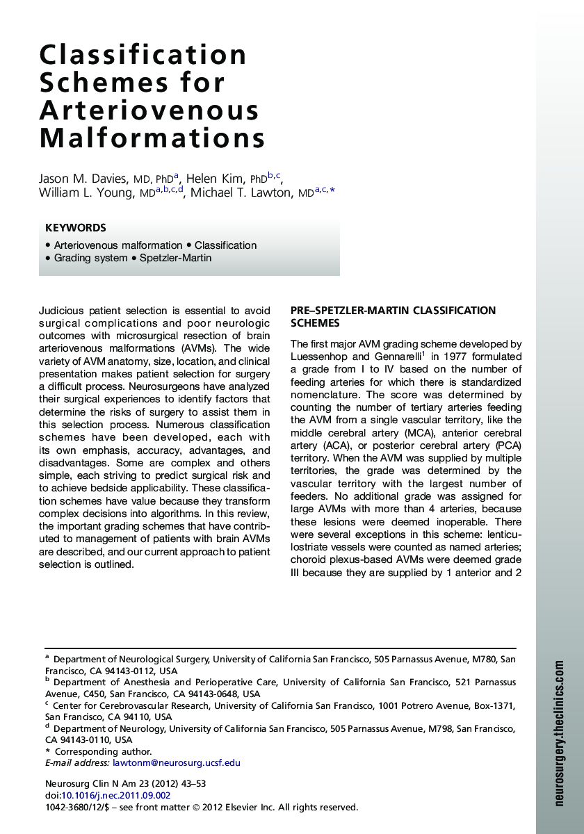 Classification Schemes for Arteriovenous Malformations