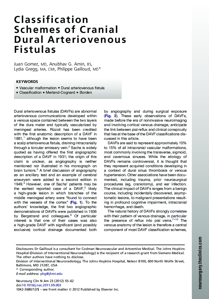 Classification Schemes of Cranial Dural Arteriovenous Fistulas