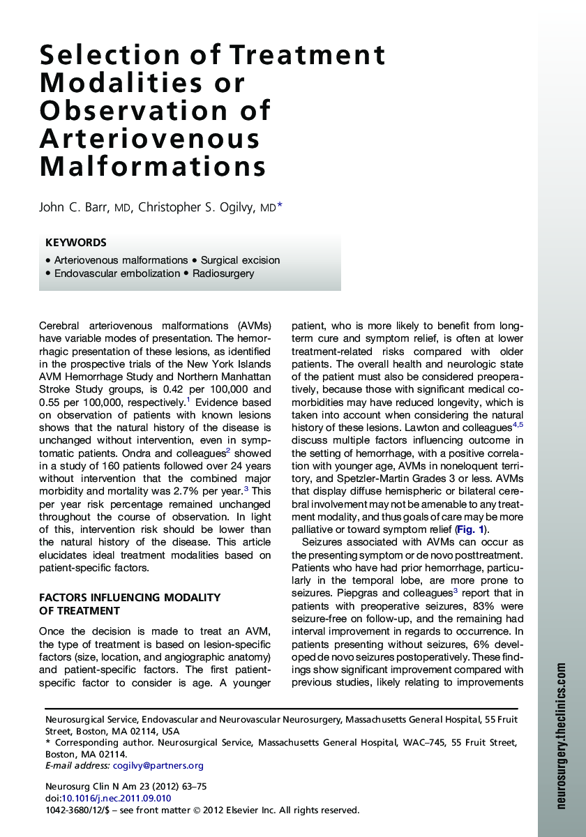 Selection of Treatment Modalities or Observation of Arteriovenous Malformations
