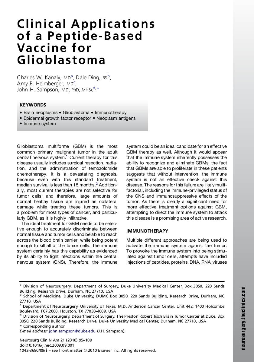 Clinical Applications of a Peptide-Based Vaccine for Glioblastoma