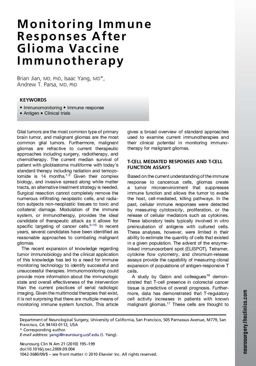 Monitoring Immune Responses After Glioma Vaccine Immunotherapy