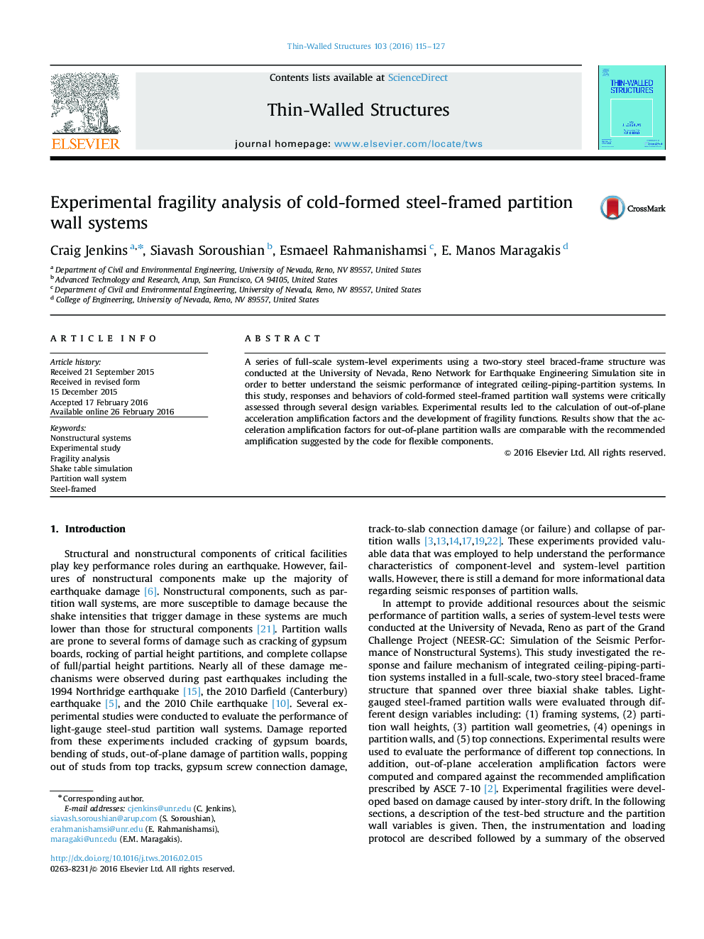 Experimental fragility analysis of cold-formed steel-framed partition wall systems