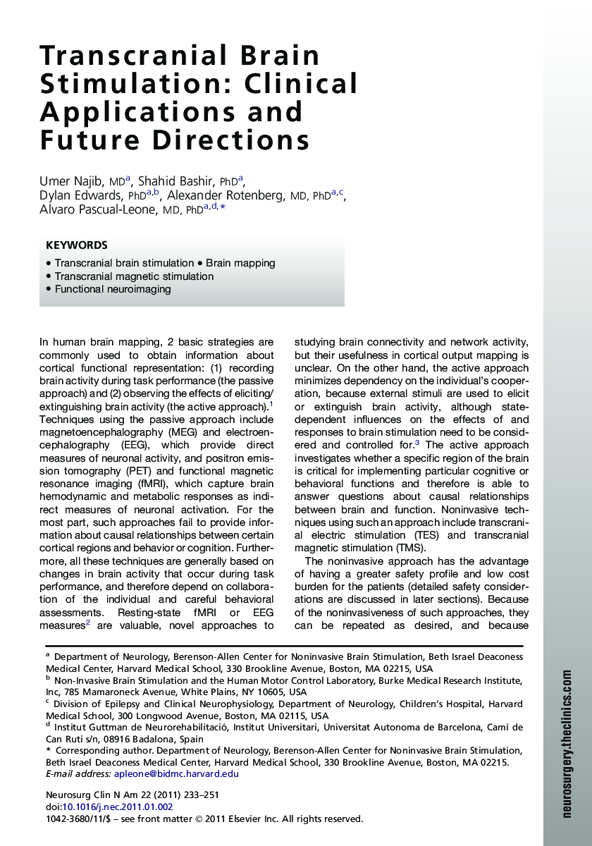 Transcranial Brain Stimulation: Clinical Applications and Future Directions