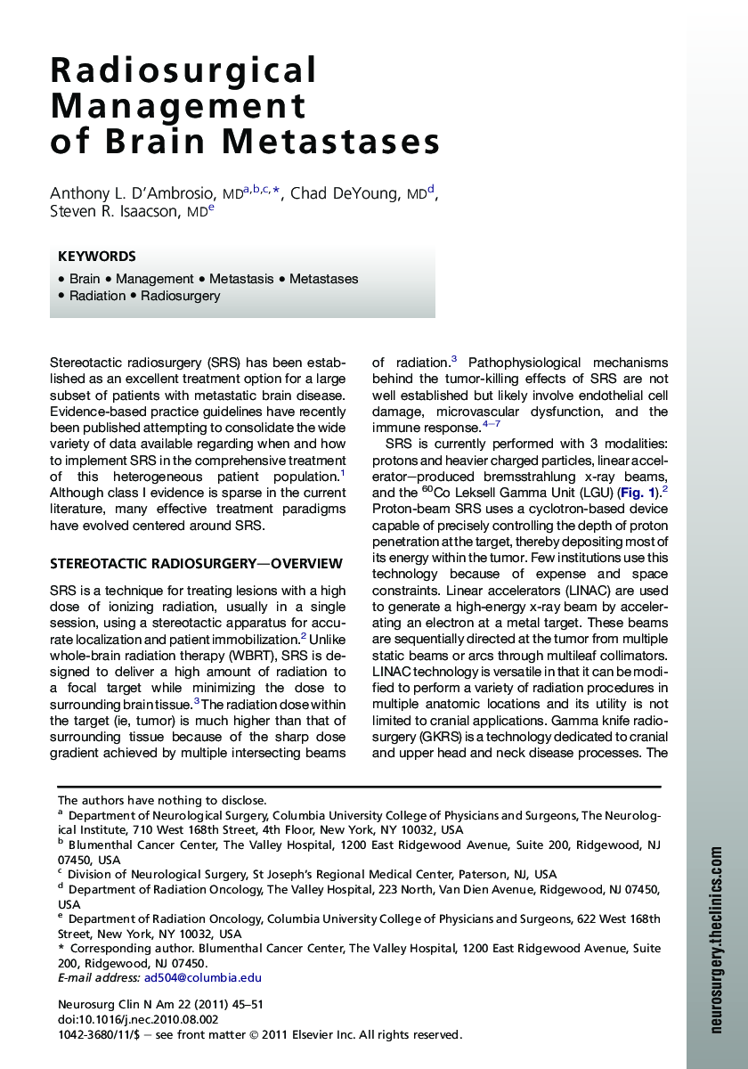 Radiosurgical Management of Brain Metastases