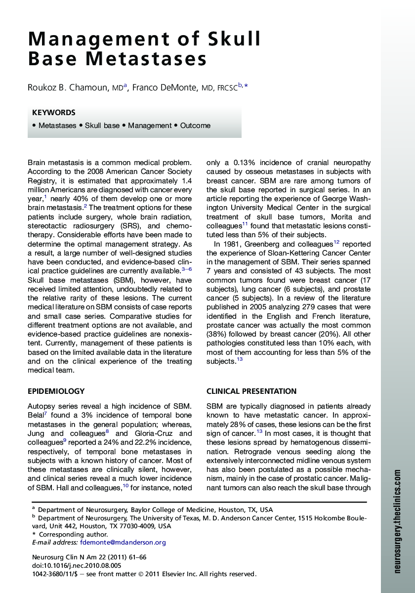 Management of Skull Base Metastases