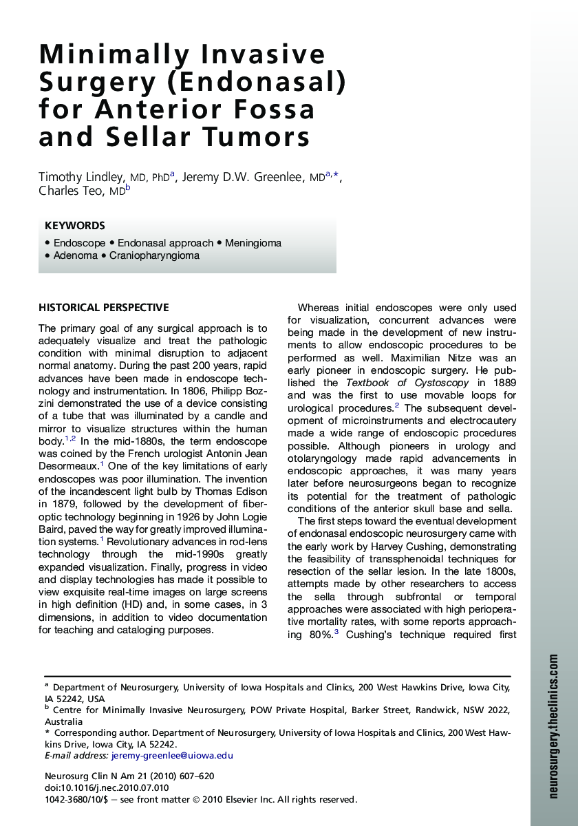 Minimally Invasive Surgery (Endonasal) for Anterior Fossa and Sellar Tumors