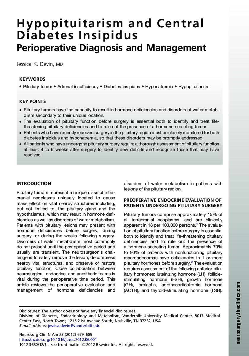 Hypopituitarism and Central Diabetes Insipidus