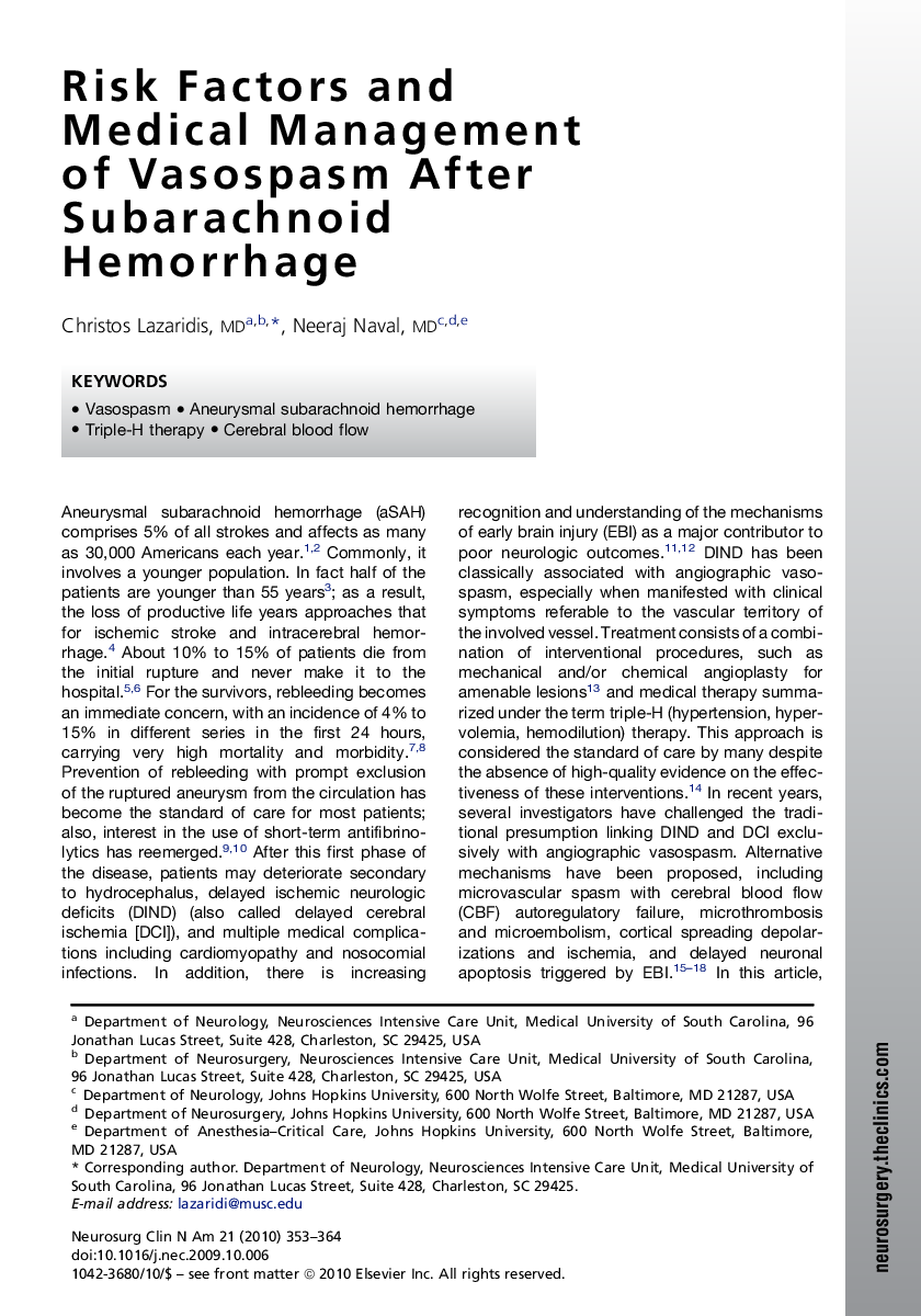 Risk Factors and Medical Management of Vasospasm After Subarachnoid Hemorrhage