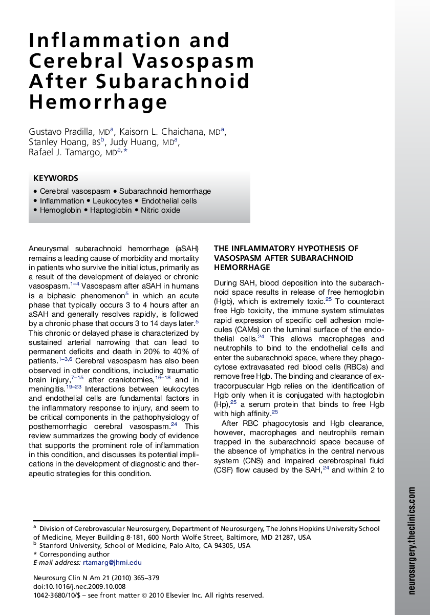 Inflammation and Cerebral Vasospasm After Subarachnoid Hemorrhage