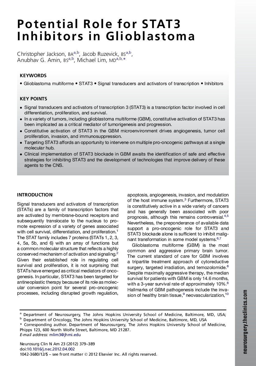 Potential Role for STAT3 Inhibitors in Glioblastoma