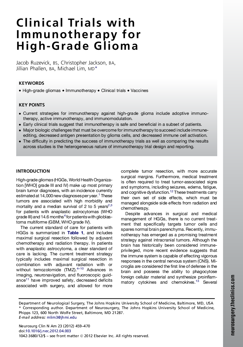 Clinical Trials with Immunotherapy for High-Grade Glioma