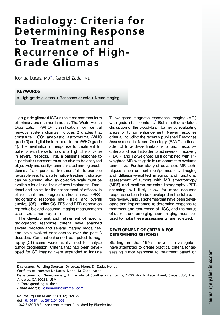 Radiology: Criteria for Determining Response to Treatment and Recurrence of High-Grade Gliomas