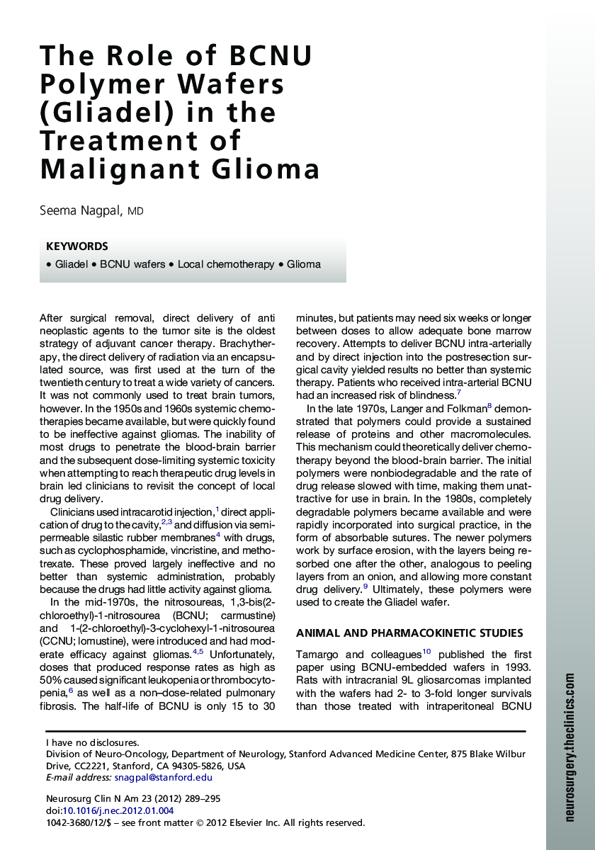 The Role of BCNU Polymer Wafers (Gliadel) in the Treatment of Malignant Glioma