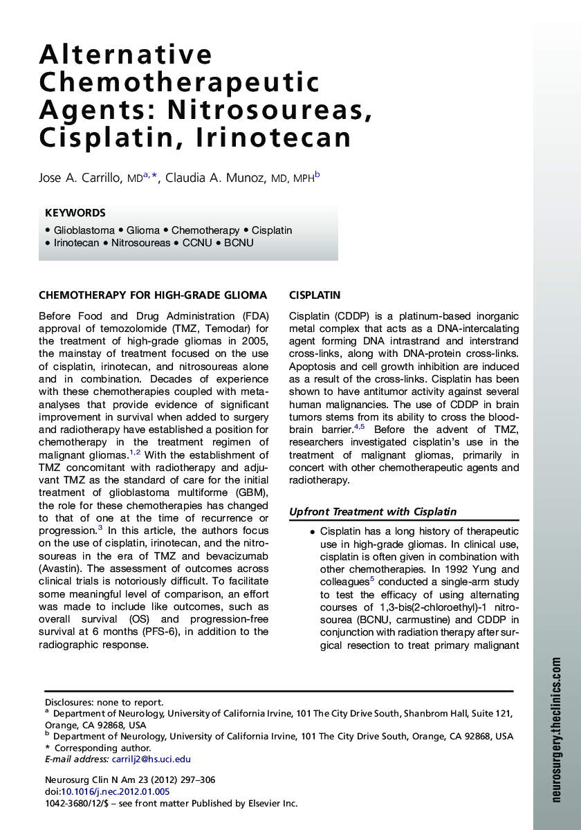 Alternative Chemotherapeutic Agents: Nitrosoureas, Cisplatin, Irinotecan