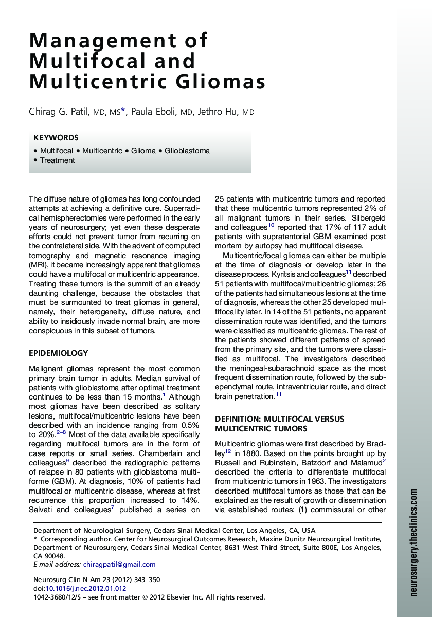 Management of Multifocal and Multicentric Gliomas