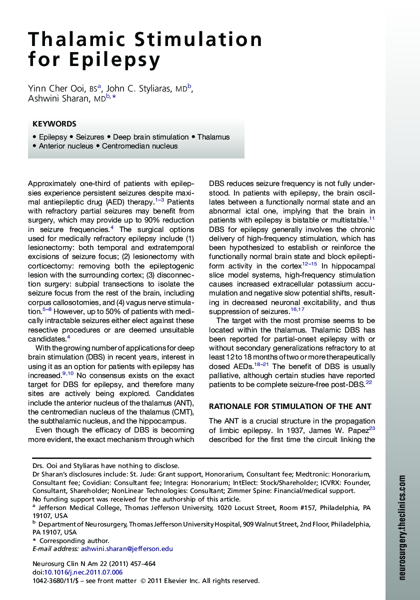 Thalamic Stimulation for Epilepsy