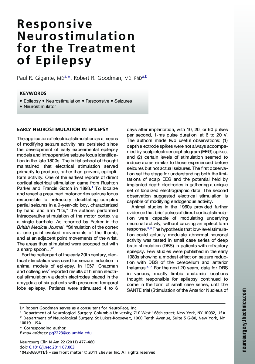 Responsive Neurostimulation for the Treatment of Epilepsy