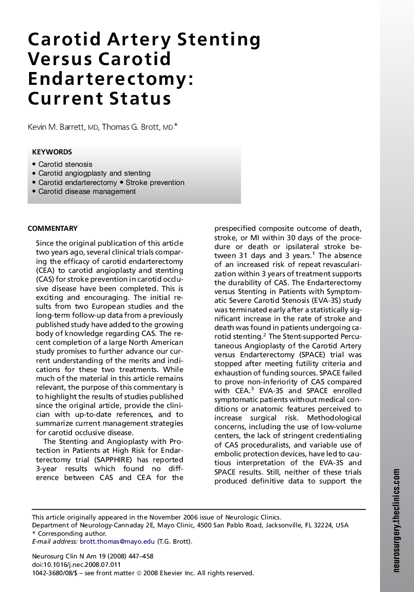 Carotid Artery Stenting Versus Carotid Endarterectomy: Current Status 