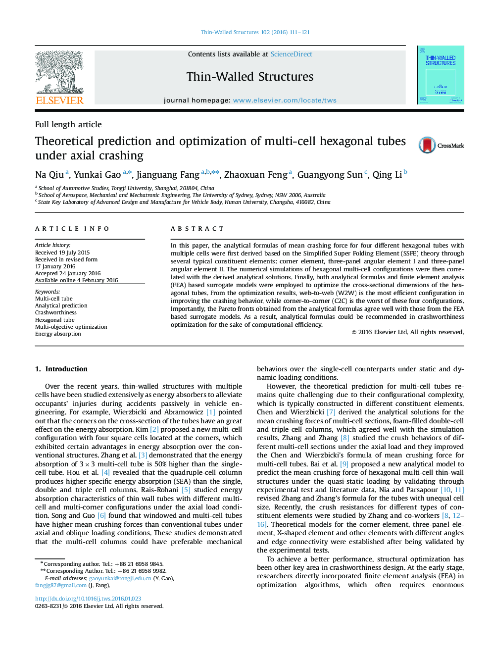 Theoretical prediction and optimization of multi-cell hexagonal tubes under axial crashing