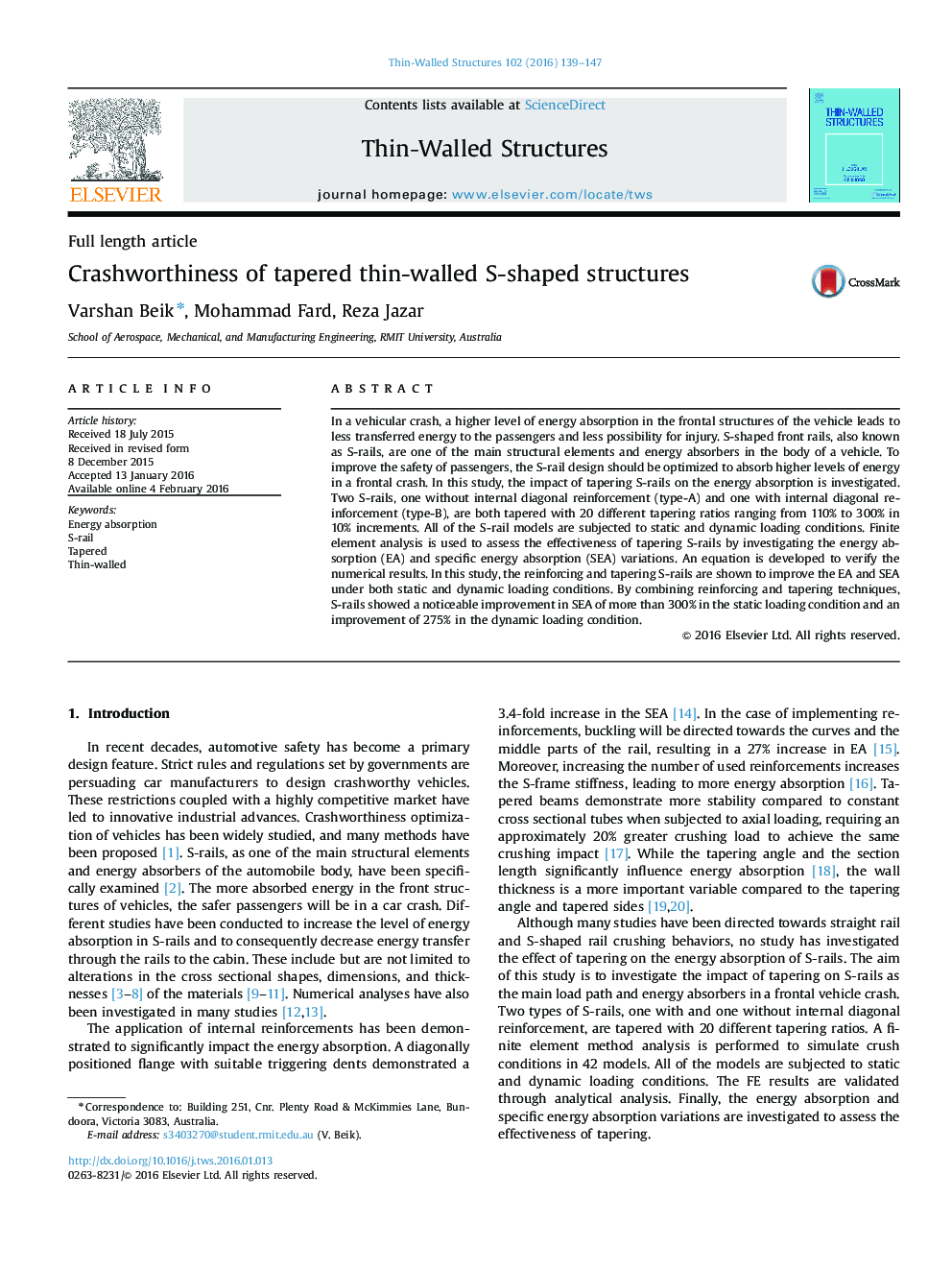 Crashworthiness of tapered thin-walled S-shaped structures