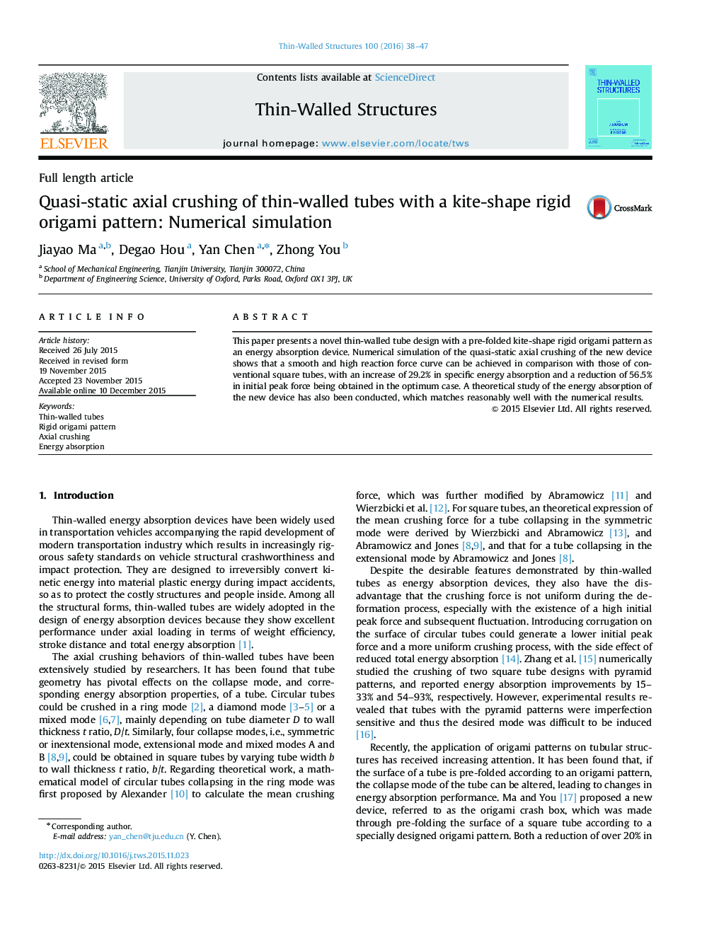 Quasi-static axial crushing of thin-walled tubes with a kite-shape rigid origami pattern: Numerical simulation