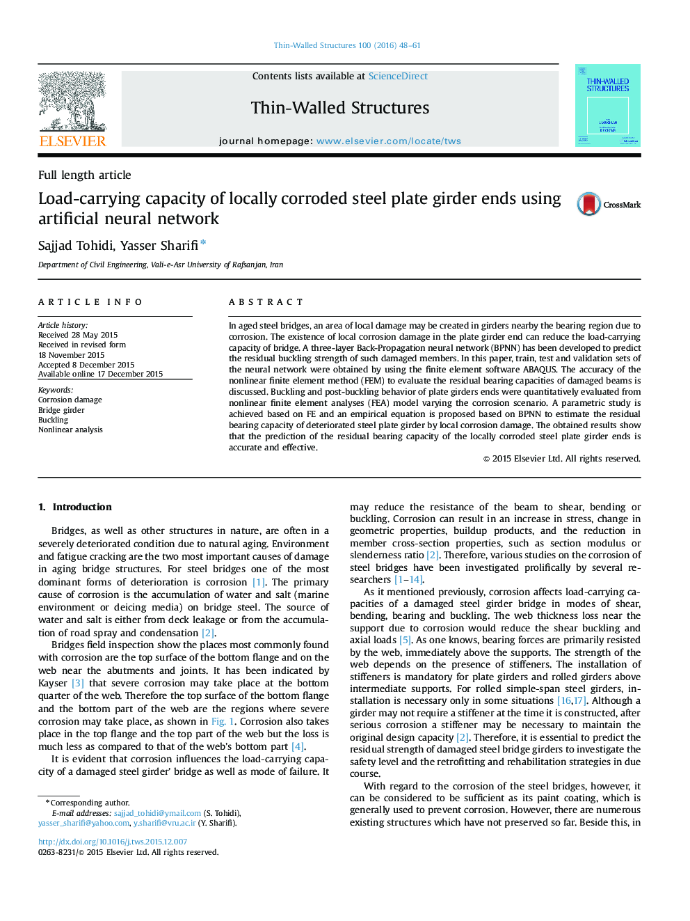 Load-carrying capacity of locally corroded steel plate girder ends using artificial neural network