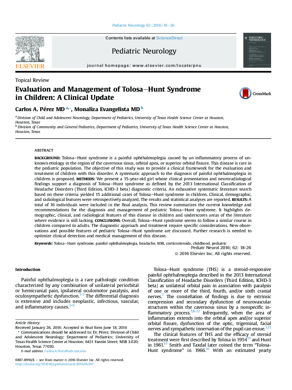 Evaluation and Management of Tolosa–Hunt Syndrome in Children: A Clinical Update