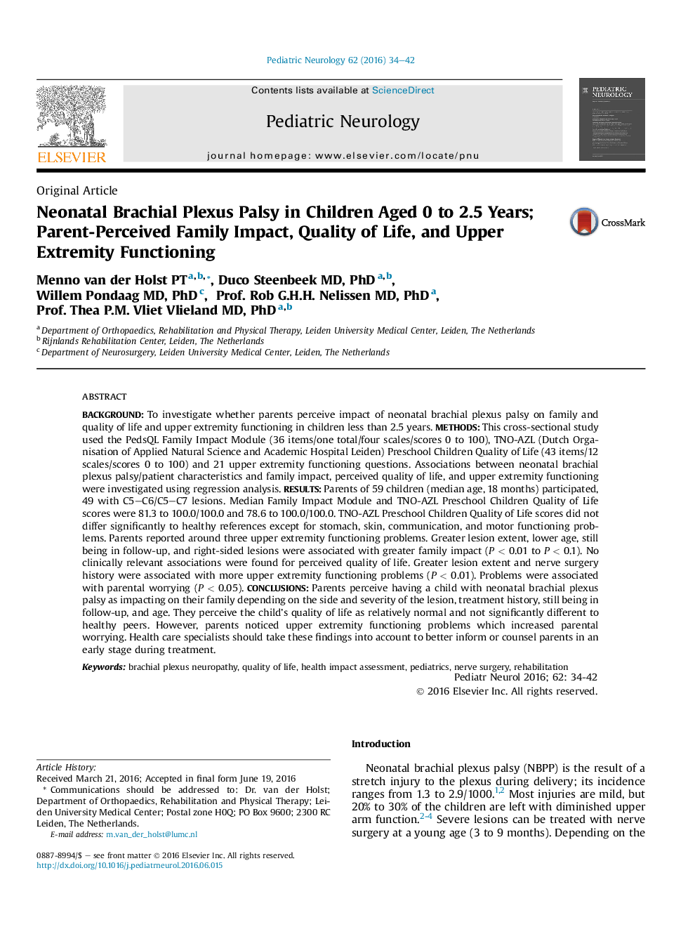 Neonatal Brachial Plexus Palsy in Children Aged 0 to 2.5 Years; Parent-Perceived Family Impact, Quality of Life, and Upper Extremity Functioning