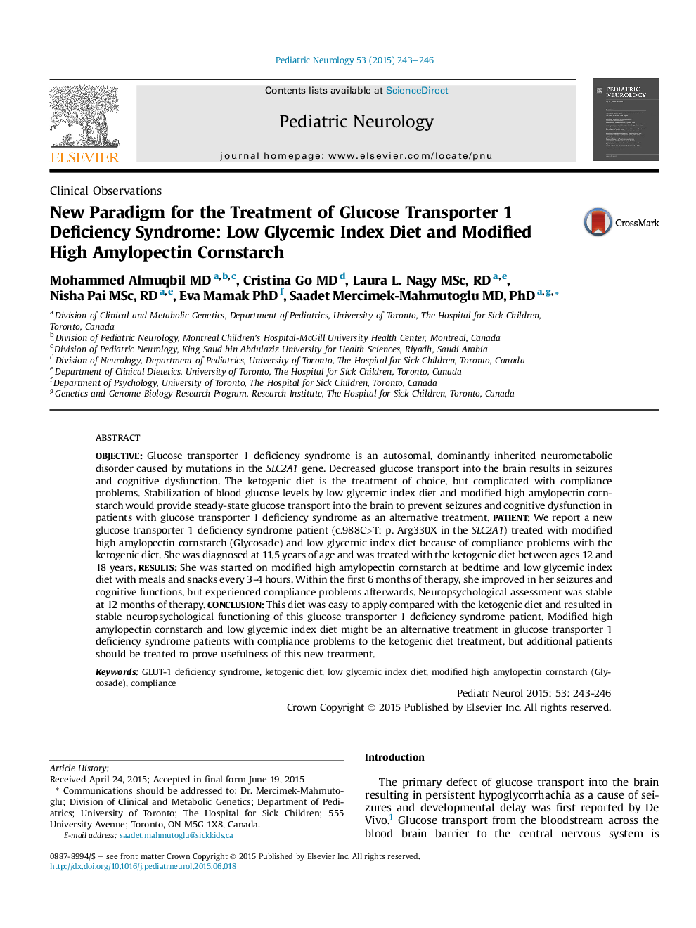 New Paradigm for the Treatment of Glucose Transporter 1 Deficiency Syndrome: Low Glycemic Index Diet and Modified High Amylopectin Cornstarch