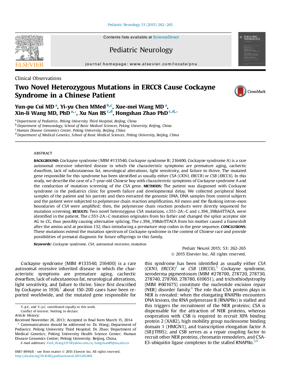 Two Novel Heterozygous Mutations in ERCC8 Cause Cockayne Syndrome in a Chinese Patient 